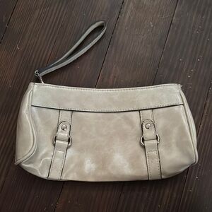 Cream Leather Wristlet Clutch with Buckle Straps